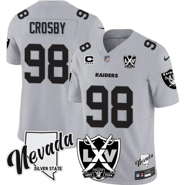 Men's Las Vegas Raiders #98 Maxx Crosby Gray 2024 F.U.S.E With Nevada Silver Stat Patch And 65th Anniversary Patch 4-Star C Patch Football Stitched Jersey